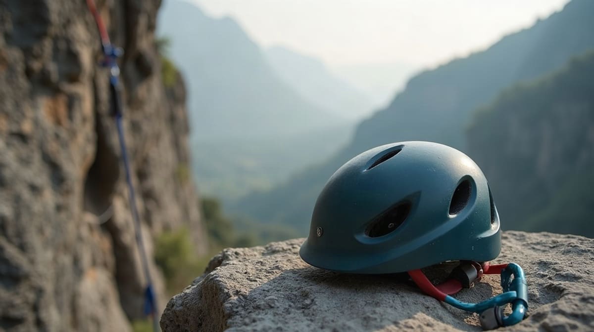 Casque d’escalade posé sur un rocher au pied d’une falaise calcaire avec une corde