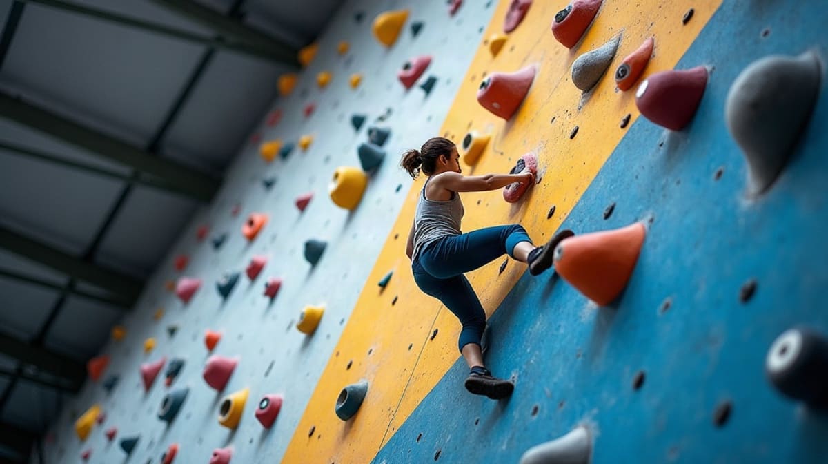 Mur de compétition d’escalade en arène couverte avec une grimpeuse de dos sur des volumes colorés
