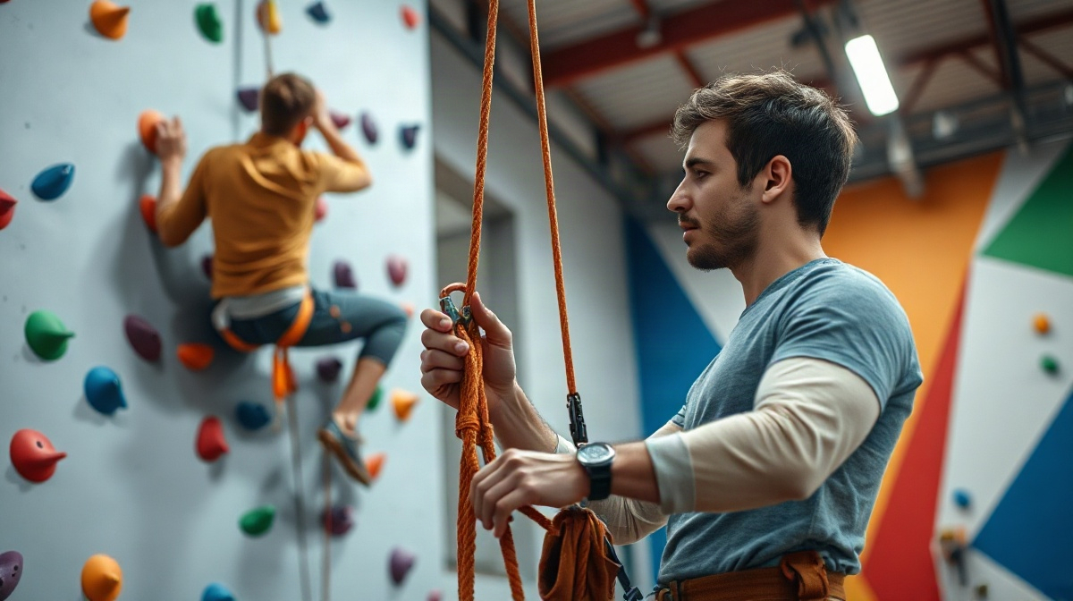 Grimpeur assuré sur un mur, partenaire manipulant le dispositif d’assurage en bas