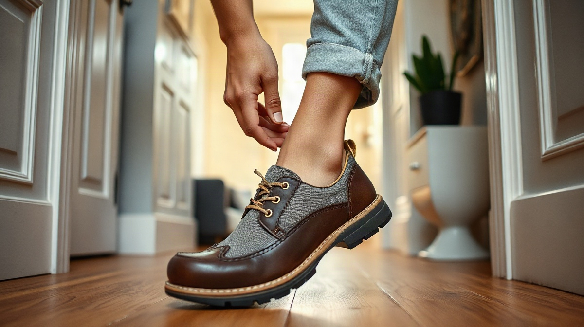 Personne essayant une grande chaussure avec une semelle intérieure épaisse amovible