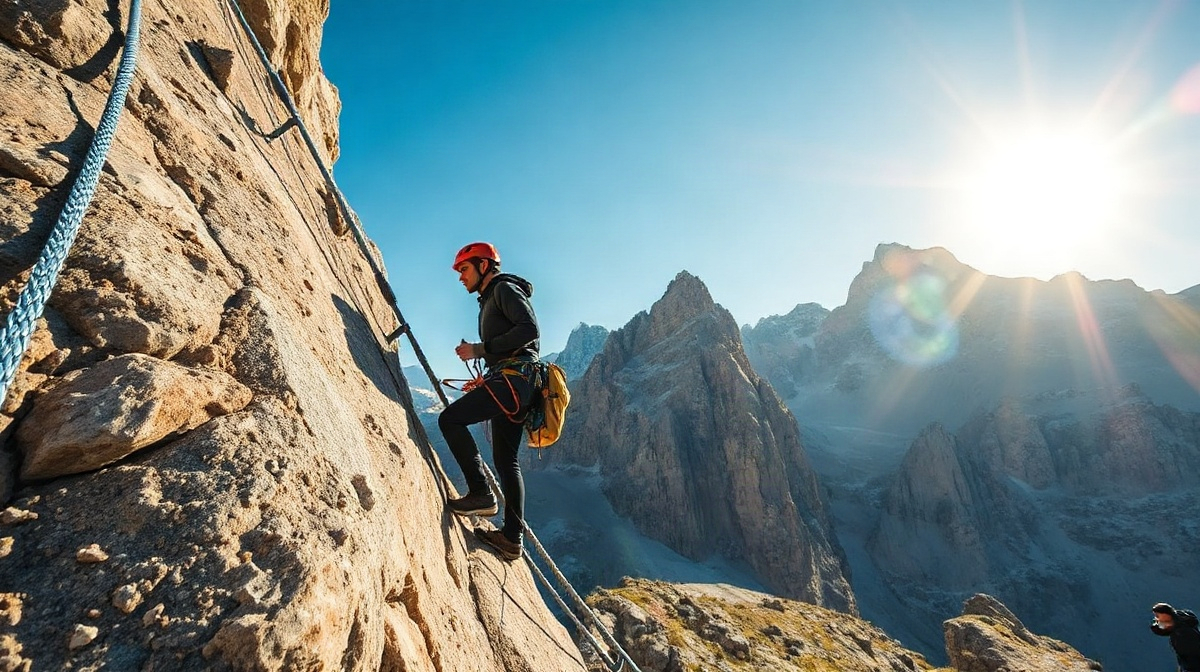 Grimpeur progressant sur une via ferrata, accompagné d’un guide de montagne