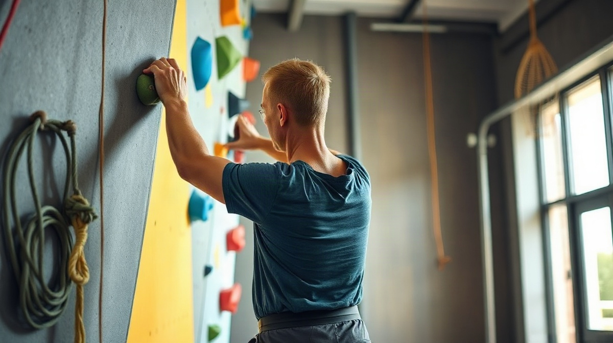 Grimpeur s’étirant les épaules et les jambes près d’un mur d’escalade