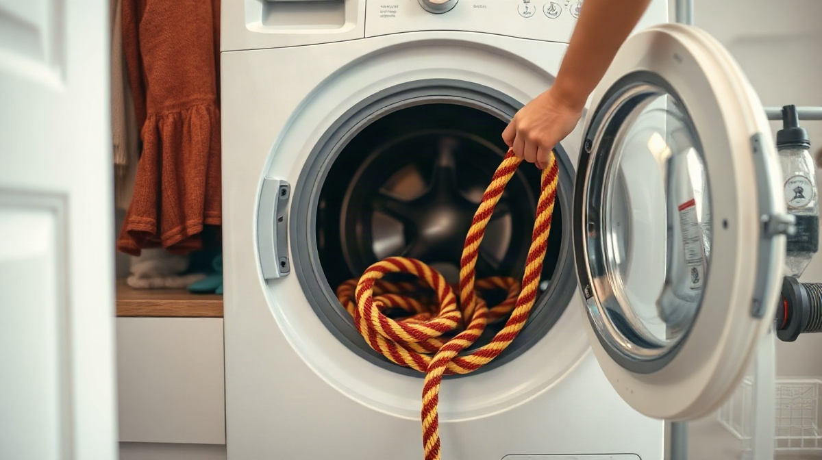 Un grimpeur place une corde colorée dans une machine à laver ouverte