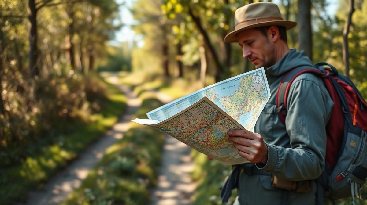 Randonneur consulte une carte de randonnée pliée près d’un sentier rural