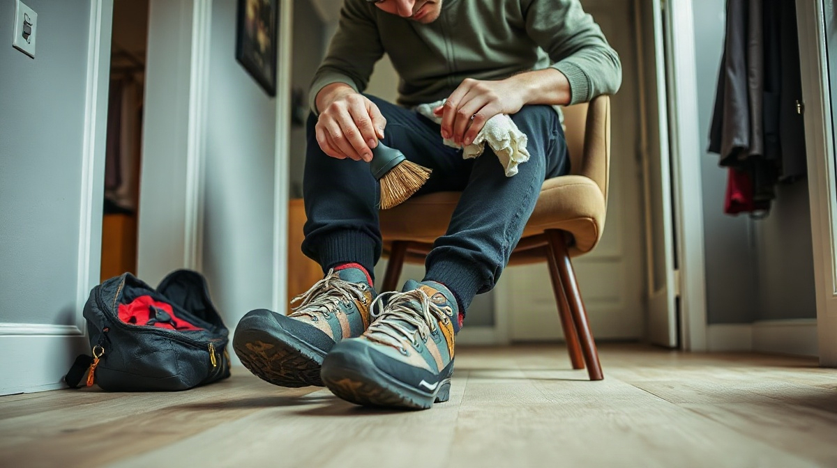 Grimpeur nettoyant des chaussons d’escalade usés avec brosse et chiffon humide