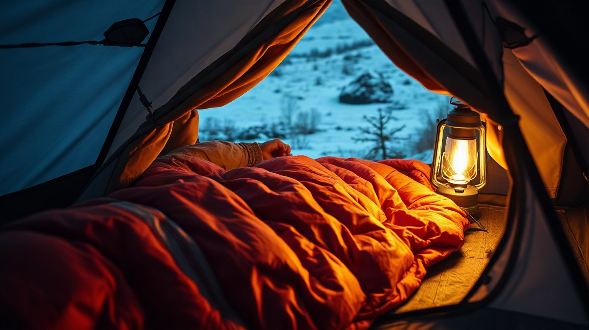 Personne dormant dans un sac de couchage, tente ouverte sur paysage givré