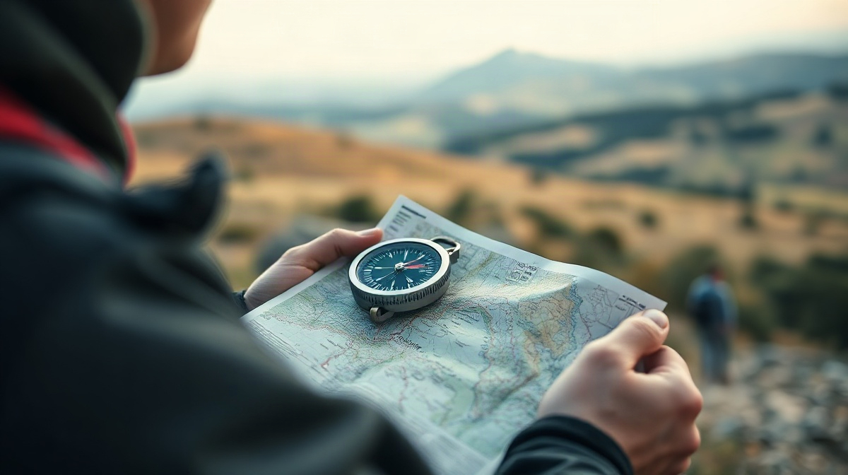 Randonneur consultant une boussole transparente sur une carte topographique pliée